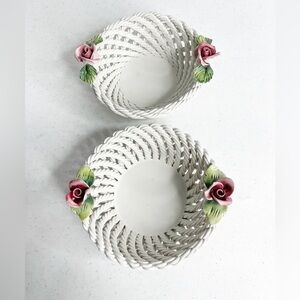 Made in Italy Italian 2 small porcelain woven baskets with flowers atop baskets